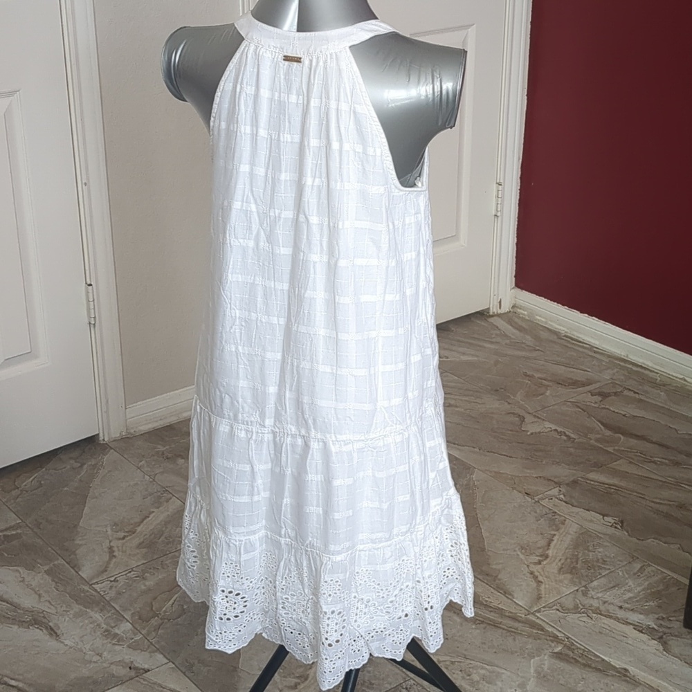 CABANA LIFE Essentials-White Sleeveless Halter-Tassels Eyelet Mini Dress SPF 50+ - Picture 4 of 14